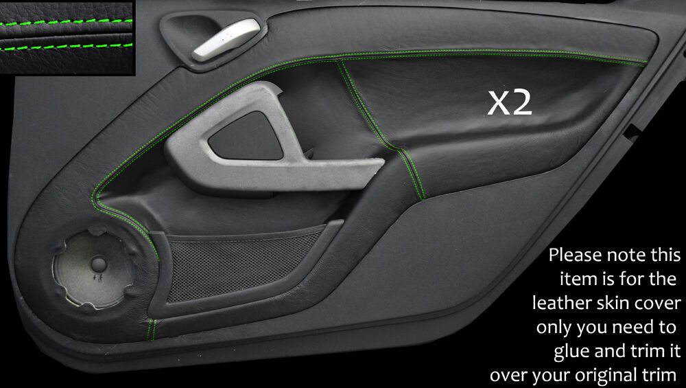 GREEN STITCH 2X DOOR CARDS LEATHER SKIN COVERS FITS SMART FORTWO 451 2007-2014