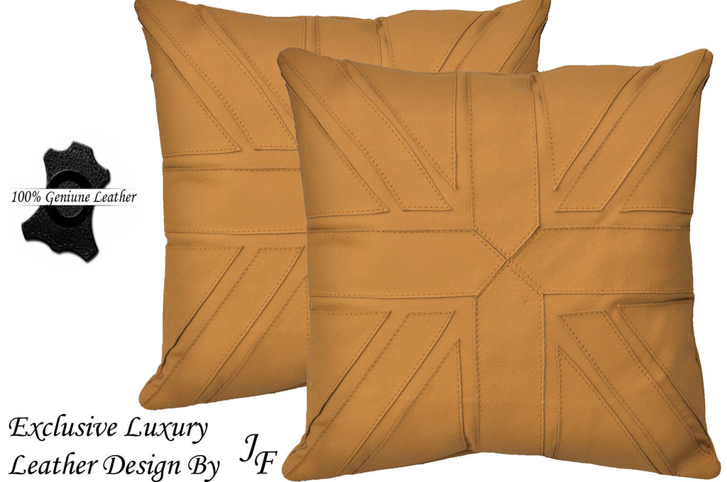 2X EXCLUSIVE LUXURY GENUINE LEATHER CUSHION DESIGN UNION JACK LARGE BEIGE