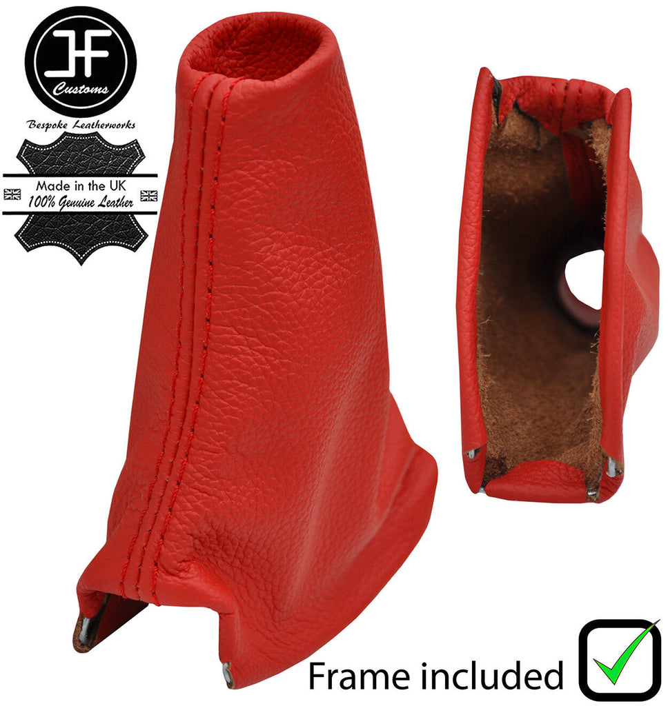 RED  LEATHER HANDBRAKE GAITER+METAL FRAME FOR LAND ROVER DISCOVERY MK1 MK2