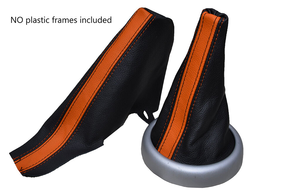 BLACK & ORANGE STRIPE LEATHER GEAR & HANDBRAKE GAITER FITS BMW MINI COOPER 01-06