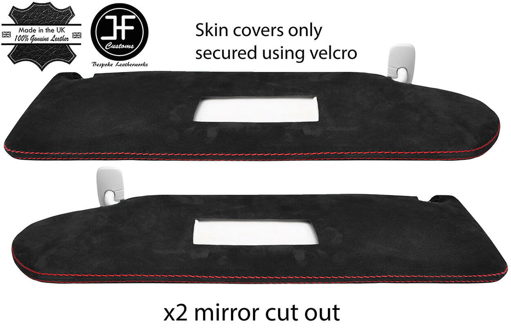 RED STITCH 2X SUN VISOR SUEDE COVER FOR VW T5 TRANSPORTER 2 MIRROR CUTOUT