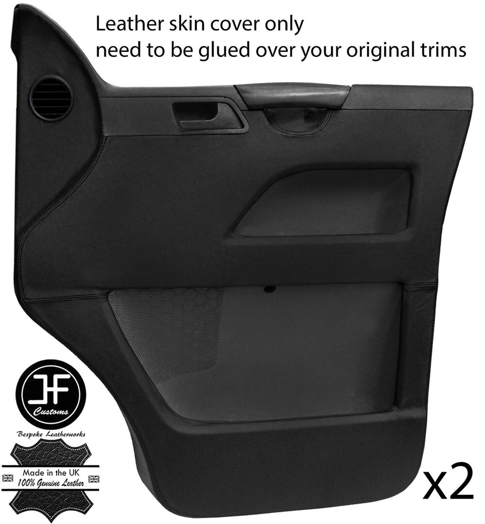 BLACK & BLACK REAL LEATHER 2X FRONT DOOR CARD COVERS FOR VW T5 TRANSPORTER