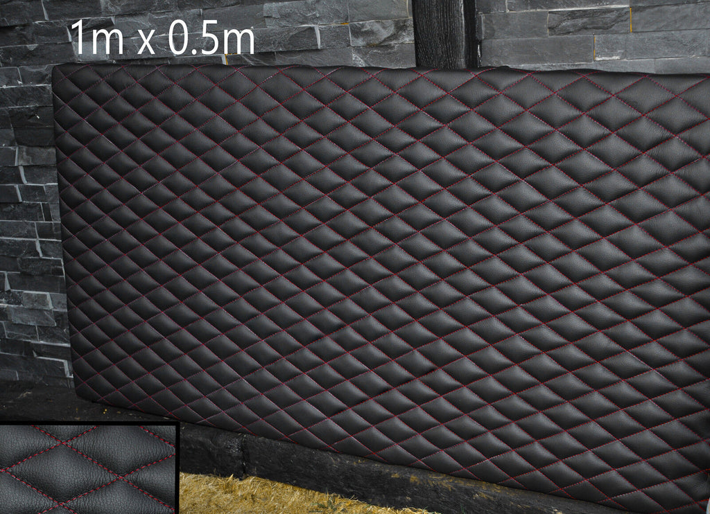 BLACK LEATHER PADDED DARK RED DIAMOND STITCH 1M X 0.5M UPHOLSTERY FURNITURE AUTO