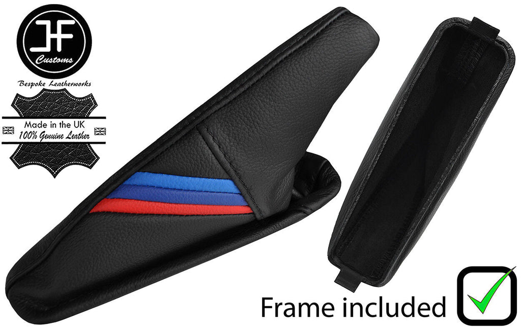 BLACK STITCH TRI STRIPES LEATHER HANDBRAKE + PLASTIC FRAME FOR BMW 3 E36 91-98