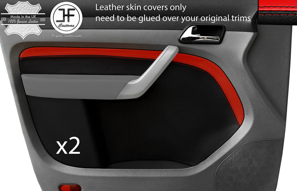 BLACK & RED LEATHER 2X FRONT DOOR CARD TRIM COVERS FITS VW CADDY MK3 05-15