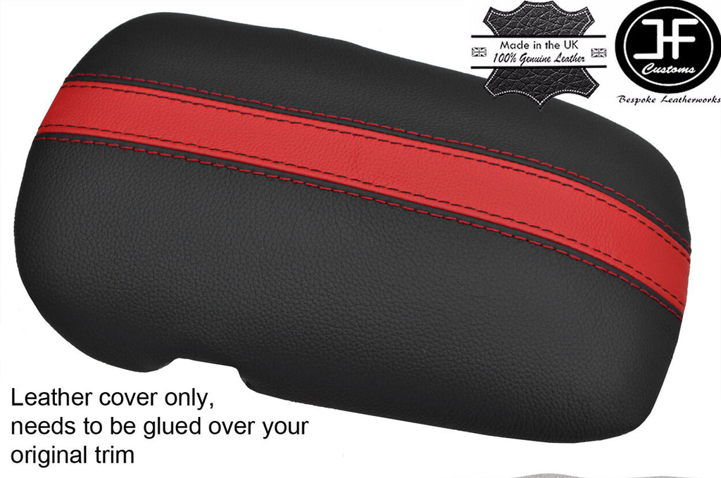 BLACK & RED STRIPE REAL LEATHER ARMREST LID COVER FITS FORD MUSTANG 2015-2017