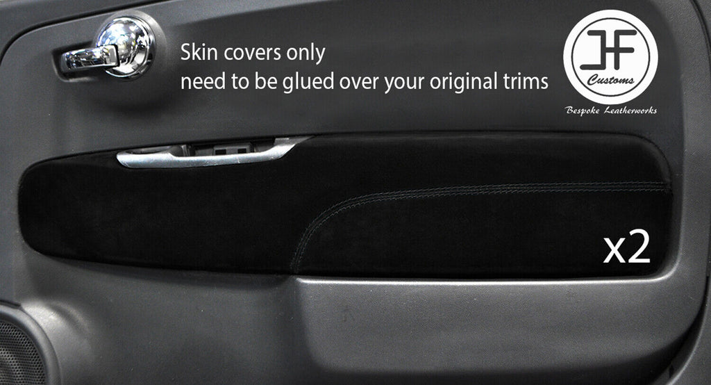 BLACK STITCH 2X FRONT DOOR CARD TRIM SUEDE COVERS FITS FIAT 500 07-15 STYLE 2