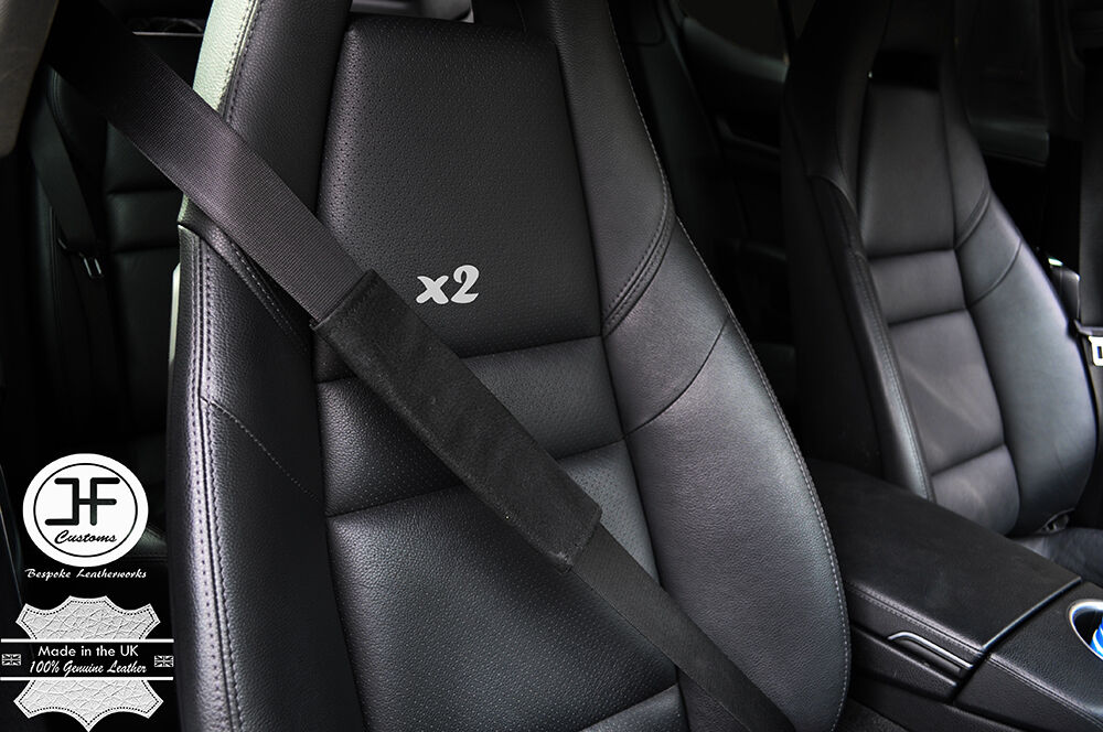 2X BLACK SUEDE BLACK STITCHING LUXURY SHOULDER SEAT BELT PADDED PADS CUSTOM NEW