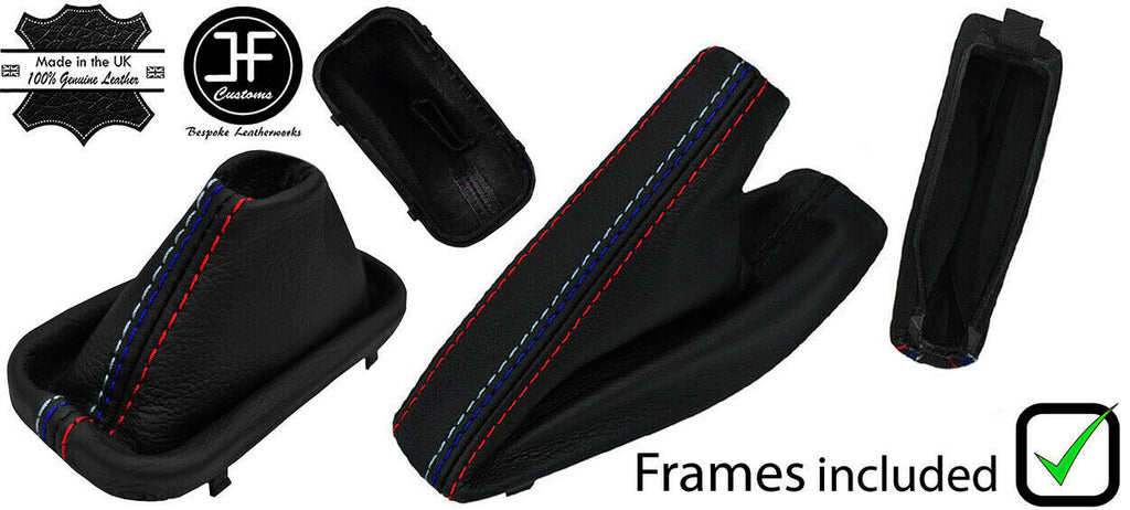 BLACK & TRI STITCH LEATHER AUTO GAITER SET + PLASTIC FRAME FOR BMW 5 E39 95-03