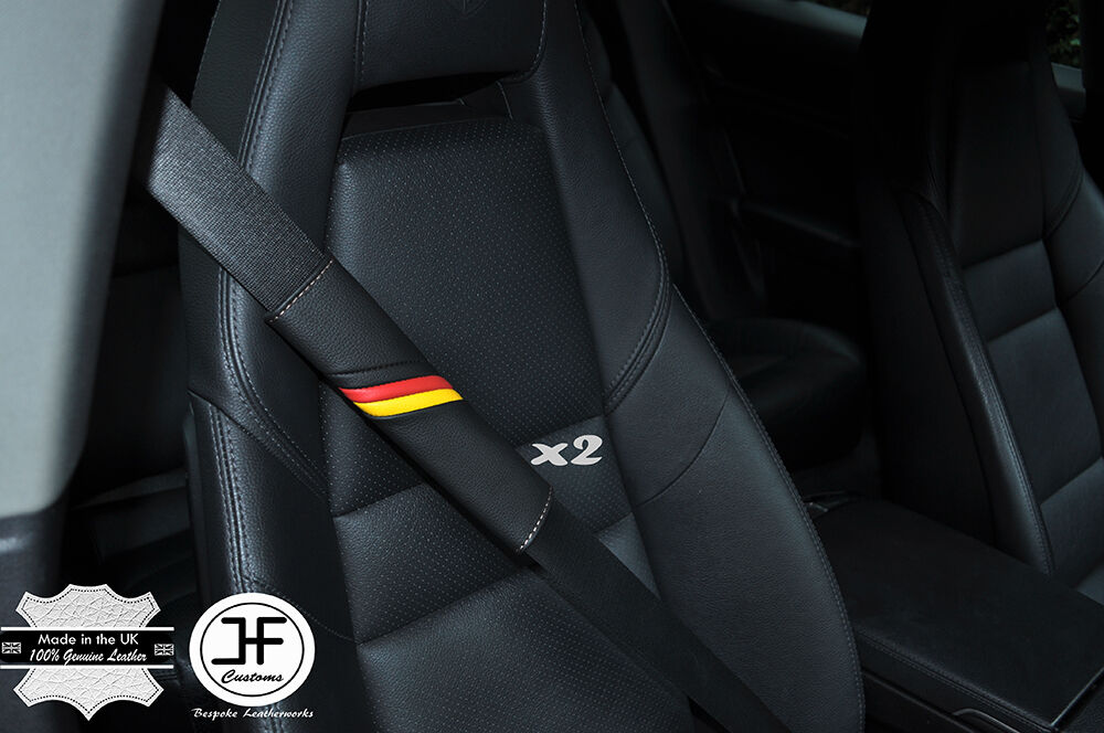2X GERMAN STRIPES LEATHER WHTE STITCH LUXURY SHOULDER SEAT BELT PADDED PADS