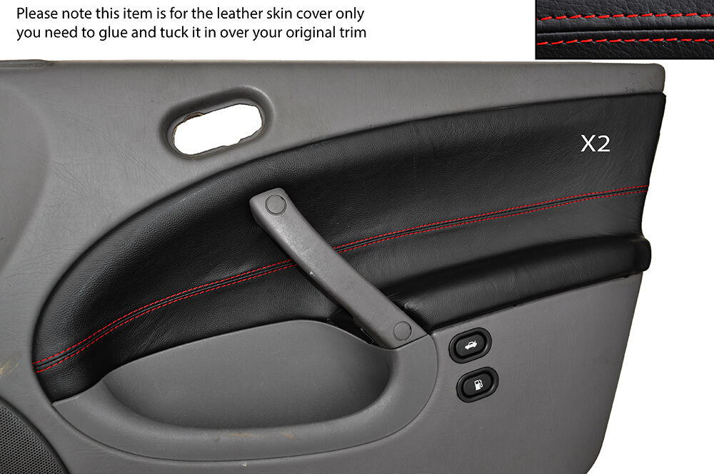 RED STITCH 2X FRONT DOOR CARD TRIM LEATHER SKIN COVER FITS SAAB 95 9-5 97-05