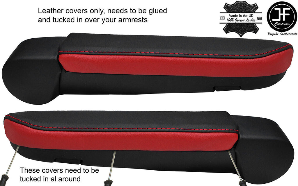 BLACK & RED 2X ARMREST REAL LEATHER COVERS FITS VW T6 TRANSPORTER 2016-2019