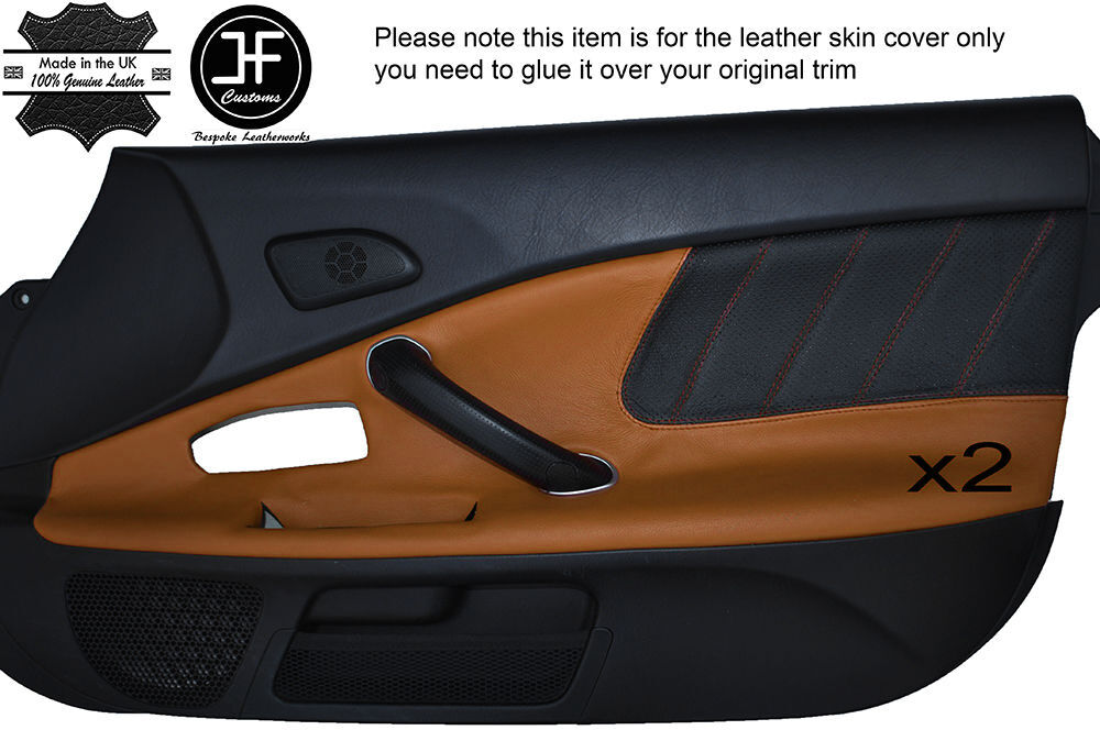 BLACK PERFORATED & BROWN LEATHER 2X DOOR CARD TRIM COVER FITS HONDA S2000 04-09
