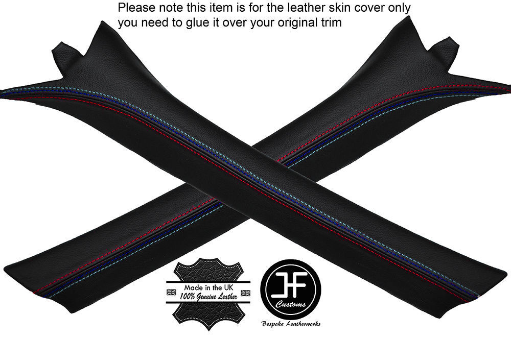 BLACK LEATHER TRI STITCH 2X A POST PILLAR COVERS FITS BMW E36 CONVERTIBLE 93-98