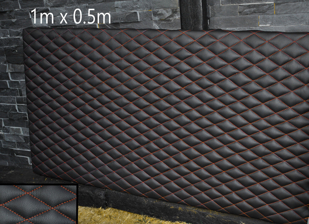 BLACK LEATHER PADDED ORANGE DIAMOND STITCH 1M X 0.5M UPHOLSTERY FURNITURE AUTO