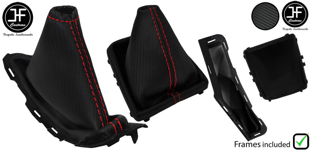 RED STITCH CARBON VINYL MANUAL GAITER SET + FRAME FOR FORD FOCUS FL 2008-2011