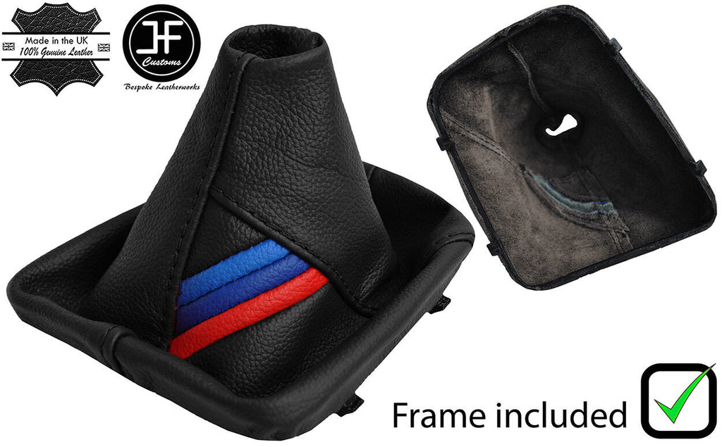 BLACK LEATHER TRI STRIPE MANUAL GEAR GAITER+PLASTIC FRAME FOR BMW E46 99-05