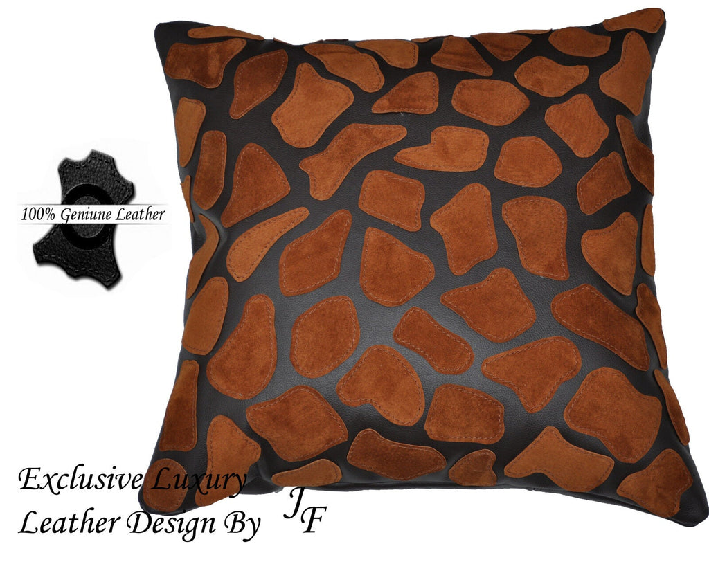 EXCLUSIVE LUXURY GENUINE LEATHER CUSHION ANIMAL GIRAFFE PRINT DESIGN SEWED ON