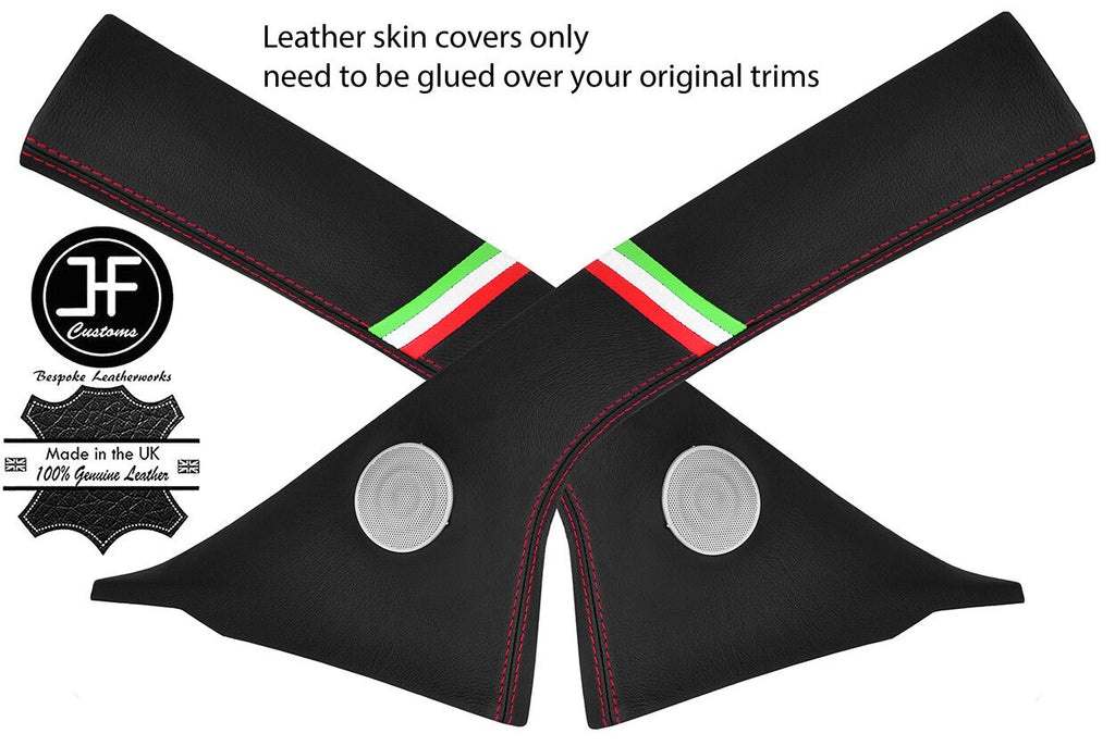 RED STITCH 2X A PILLAR ITALIAN FLAG REAL LEATHER COVERS FOR FIAT 500 07-15