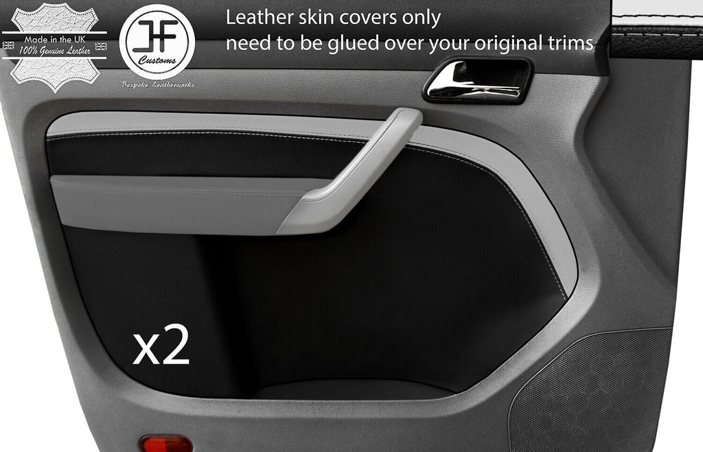 BLACK & WHITE  LEATHER 2X FRONT DOOR CARD TRIM COVERS FITS VW CADDY MK3 05-15