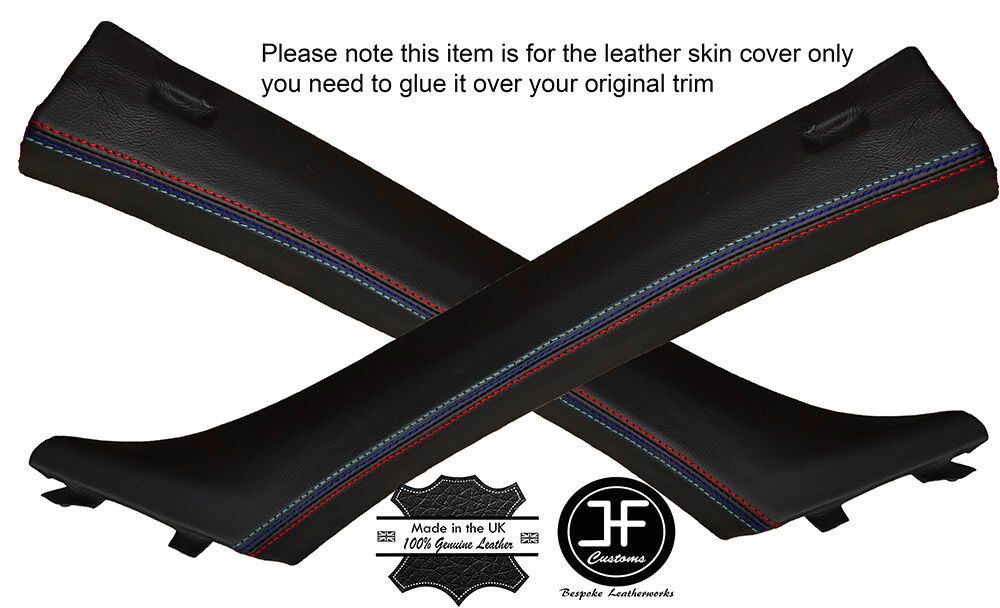 BLACK LEATHER TRI STITCH 2X A POST PILLAR COVERS FITS BMW 3 SERIES E90 E91 05-12