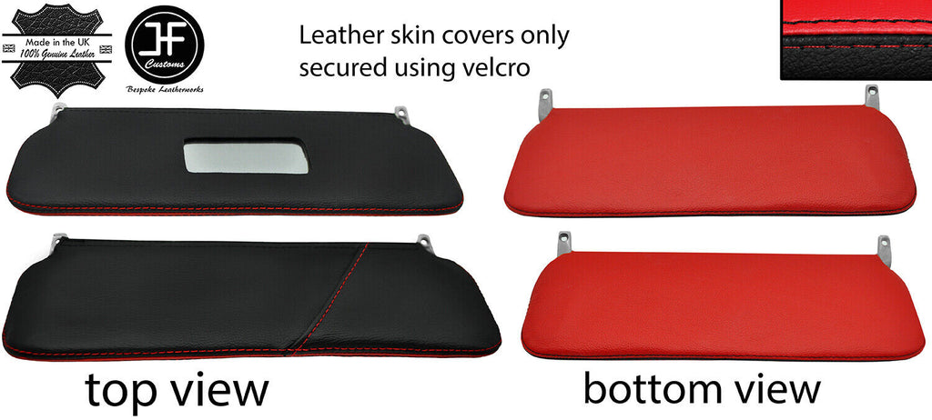 BLACK & RED LEATHER 2X SUN VISORS COVERS FITS ROVER MINI CLASSIC 1990-2000