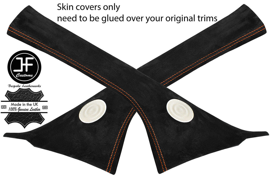 ORANGE STITCHING 2X A POST PILLAR REAL SUEDE COVERS FITS FIAT 500 2007-15