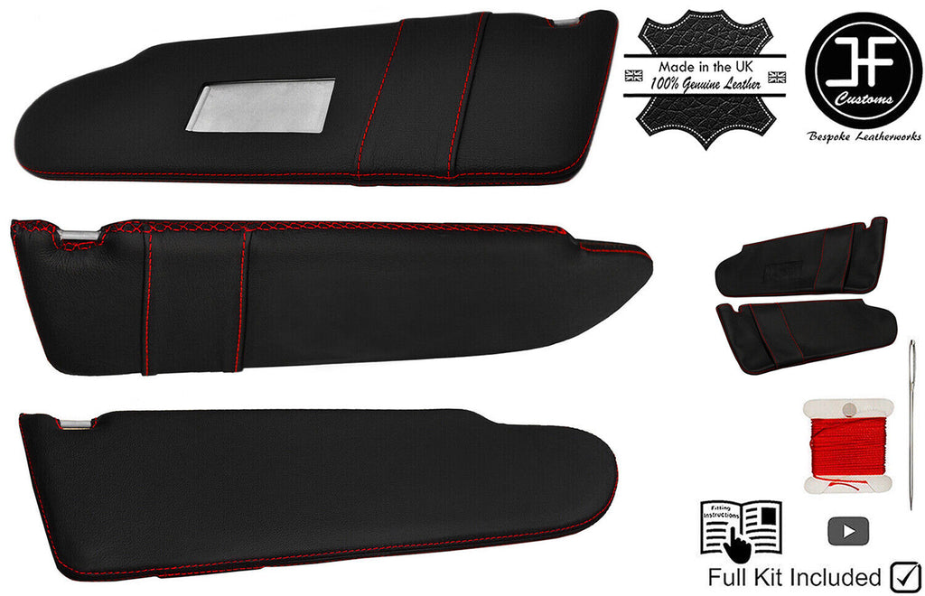 RED CROSS STITCH 2X SUN VISOR LEATHER COVERS FITS VW T5 TRANSPORTER 1 MIRROR