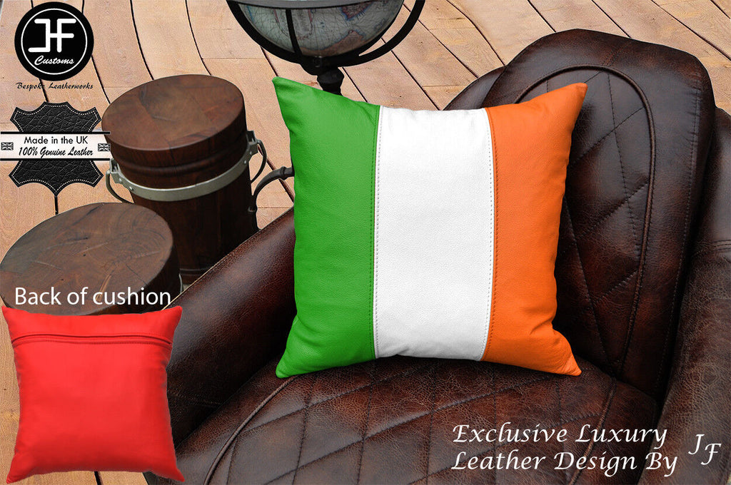 IRISH FLAG COLOUR LEATHER 1X EXCLUSIVE LUXURY CUSHION 18"x18" RED BACK
