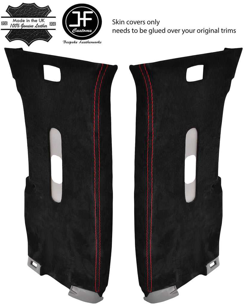 RED STITCH 2X MID UPPER B PILLAR REAL SUEDE COVERS FITS NAVARA D40 2006-2014