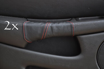 FITS JAGUAR X TYPE 01-09 2X DOOR HANDLE BLACK LEATHER COVERS red stitching