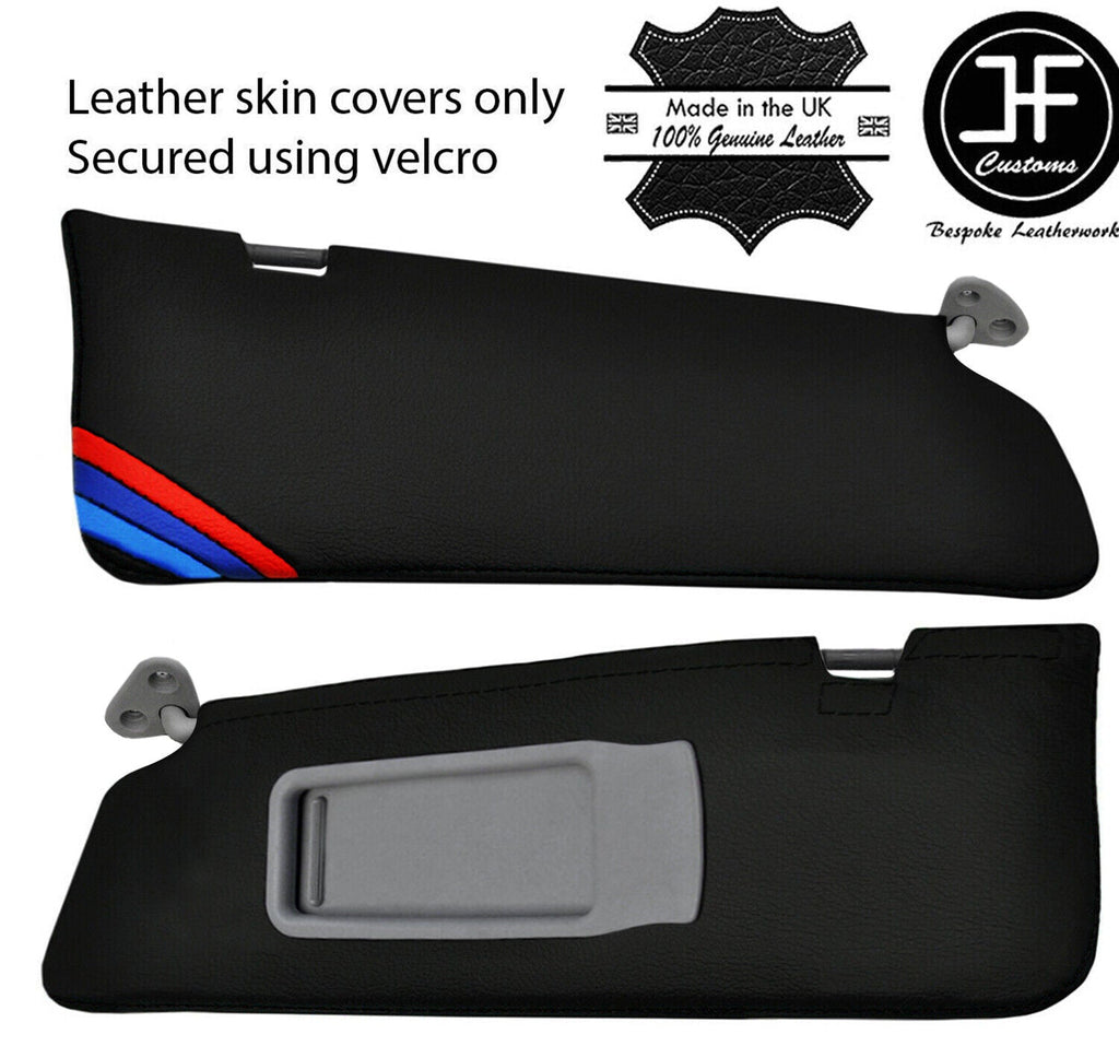 BLACK STITCH TRI STRIPE 2X SUN VISORS LEATHER COVERS FITS BMW 3 SERIES E90 05-13