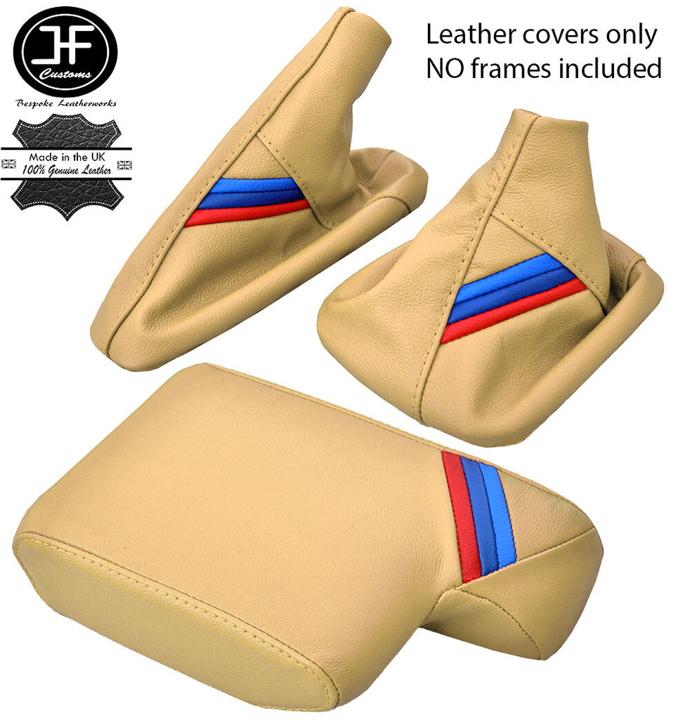 SAND LEATHER TRI STRIPES GEAR HANDBRAKE ARMREST COVER FOR BMW 3 SERIES E36 91-99