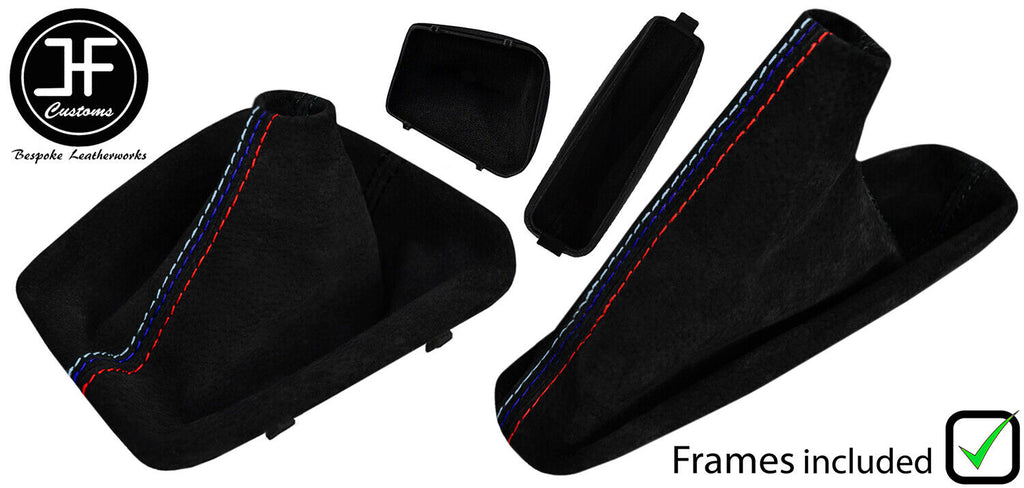 BLACK & TRI STITCH SUEDE MANUAL GAITER SET+PLASTIC FRAME FOR BMW 3 E36 91-99