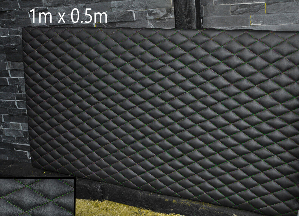 BLACK LEATHER PADDED D GREEN DIAMOND STITCH 1M X 0.5M UPHOLSTERY FURNITURE AUTO