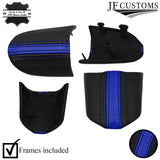R BLUE STRIPE LEATHER 3-SPOKE STEERING TRIM COVERS+FRAMES FOR MINI R50 R52 R53