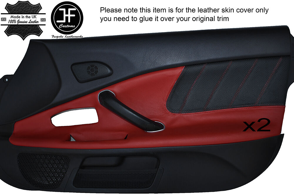 BLACK PERFORATED DARK RED LEATHER 2X DOOR CARD TRIM COVER FITS HONDA S2000 04-09