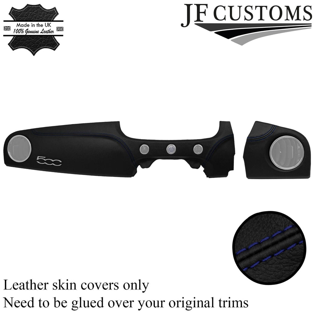 DARK BLUE STITCH 2 PIECE FRONT DASH PANEL LEATHER COVER FOR FIAT 500 2015-2020