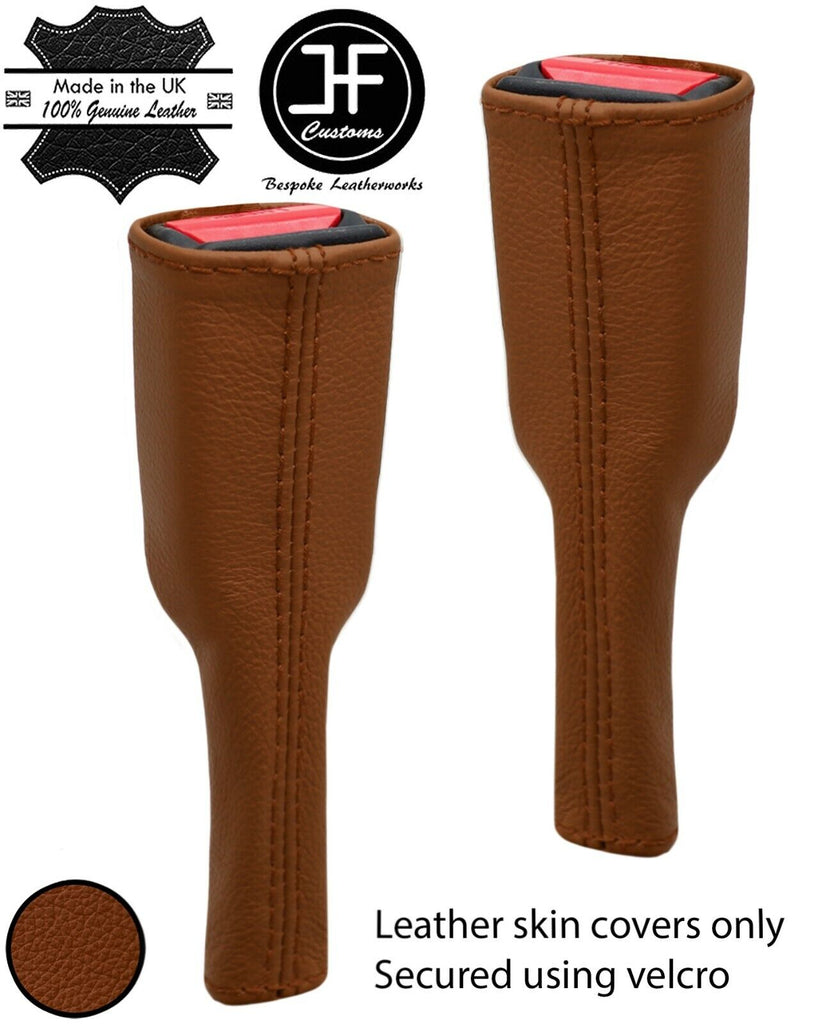 BROWN REAL LEATHER 2X SEAT BELT STALK LONG COVERS FITS JAGUAR F TYPE 2012-2020
