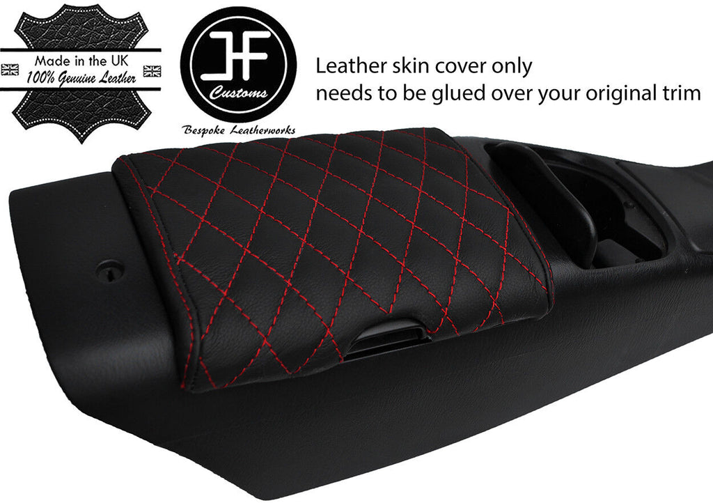 RED DIAMOND STITCH REAL LEATHER ARMREST LID COVER FOR MAZDA MX5 MK2 1998-2005