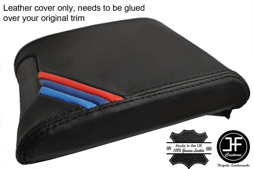 BLACK STITCH & TRI STRIPES SLIDING ARMREST REAL LEATHER COVER FITS BMW E39 96-03
