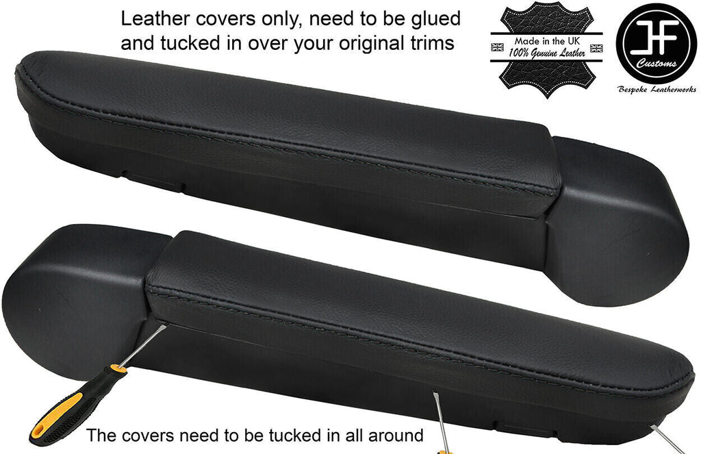 BLACK STITCHING 2X ARMREST LEATHER COVERS FITS VW T6 TRANSPORTER 2016-2019