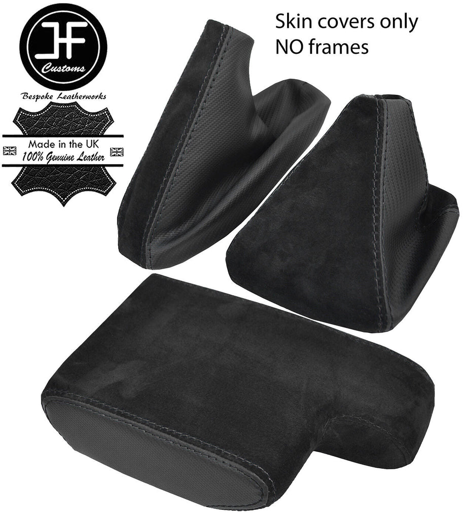 BLACK STITCH CARBON VINYL & SUEDE GAITER SET + ARMREST COVER FOR BMW E46 99-05