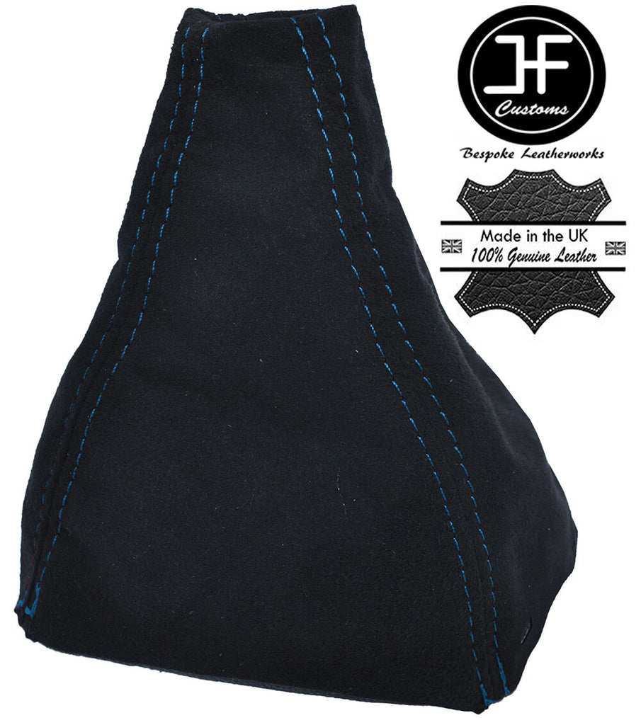 BLUE DOUBLE STITCH FITS SAAB 93 9-3 SS 2003+ GEAR GAITER REAL BLACK SUEDE
