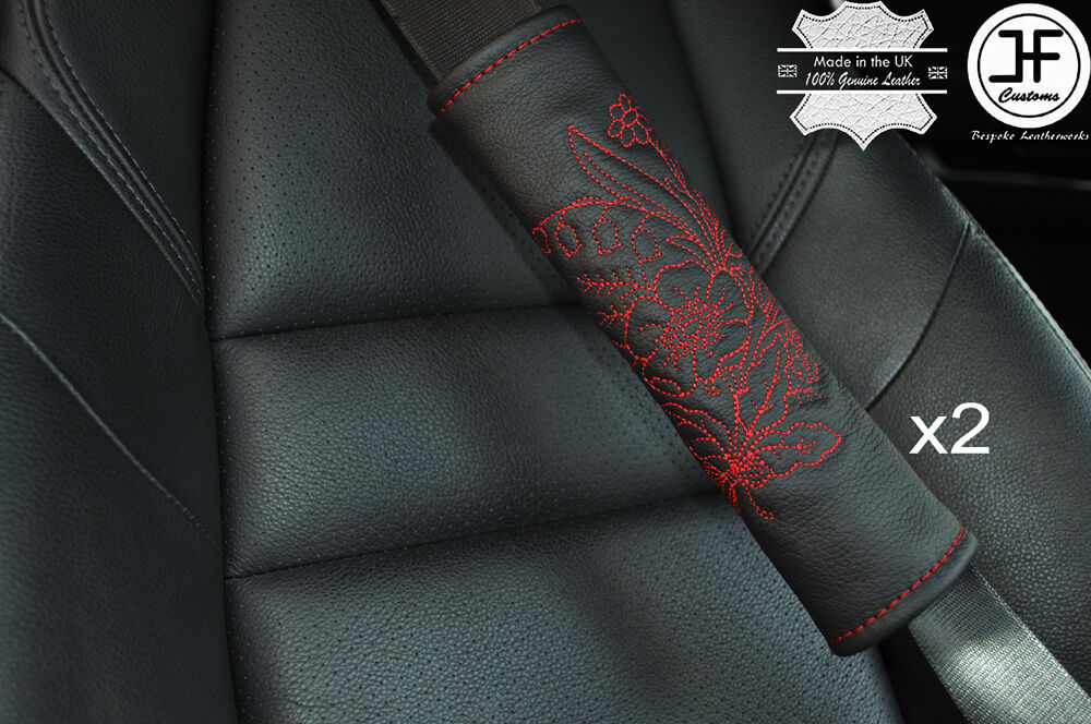 2X FLOWER RED STITCH LEATHER LUXURY SHOULDER SEAT BELT PADDED PADS HARNESS