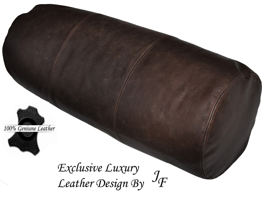 EXCLUSIVE LUXURY GENUINE DISTRESS BROWN LEATHER CUSHION BOLSTER ROLL 9" x 24"