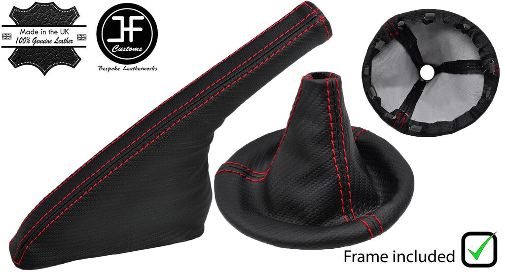 RED STITCH CARBON VINYL GEAR + FRAME & SLIM HANDBRAKE COVER FOR FIAT 500 07-15
