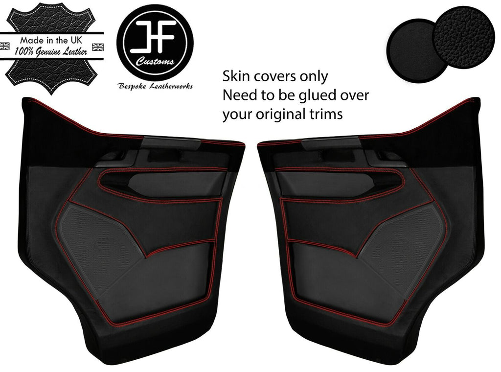 RED STITCH 2X FRONT DOOR CARD REAL LEATHER & LUXE SUEDE COVER FOR VW T6 16-20