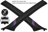 BLUE STITCH TRI STRIPE 2X A PILLAR REAL LEATHER COVERS FOR BMW 3 E46 COUPE 98-05
