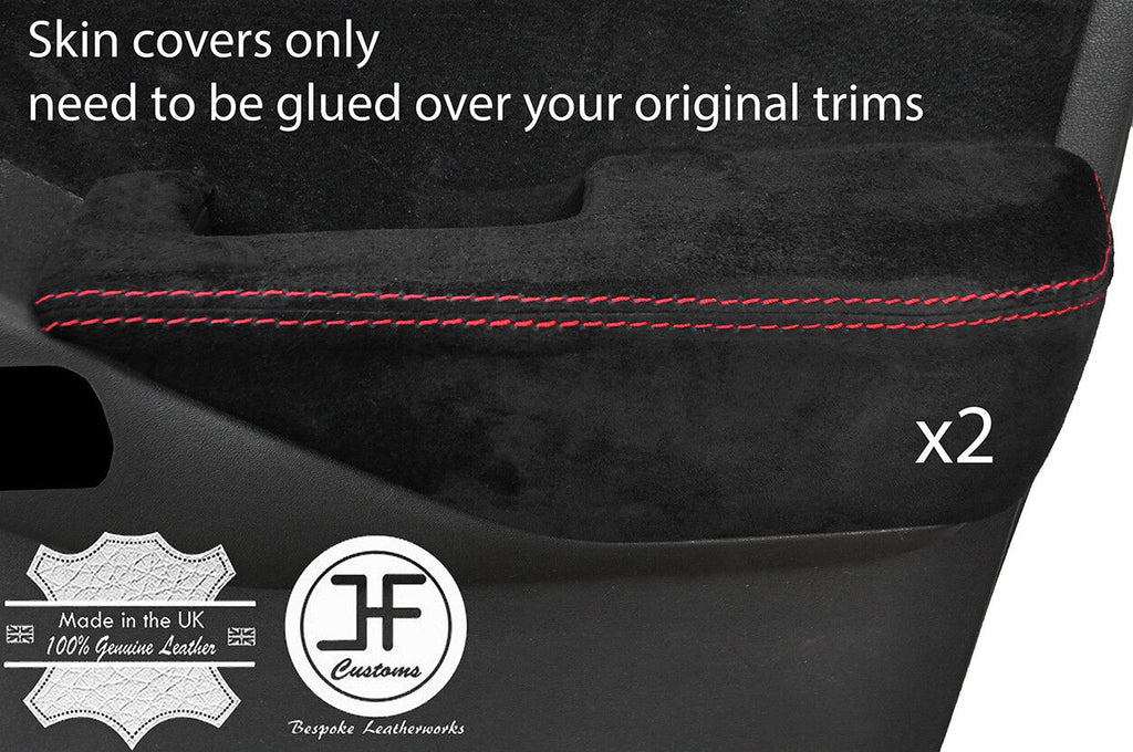 RED STITCH 2X FRONT DOOR ARMREST SUEDE COVERS FITS NISSAN NAVARA D40 2006-15